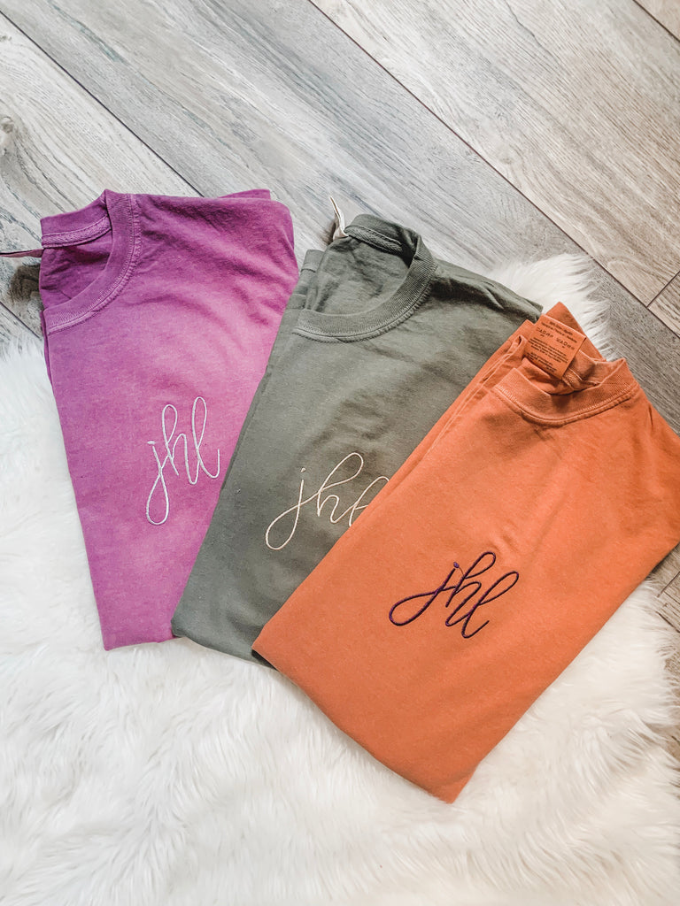 comfort colors long sleeve t shirts berry grey terracotta with embroidered monogram