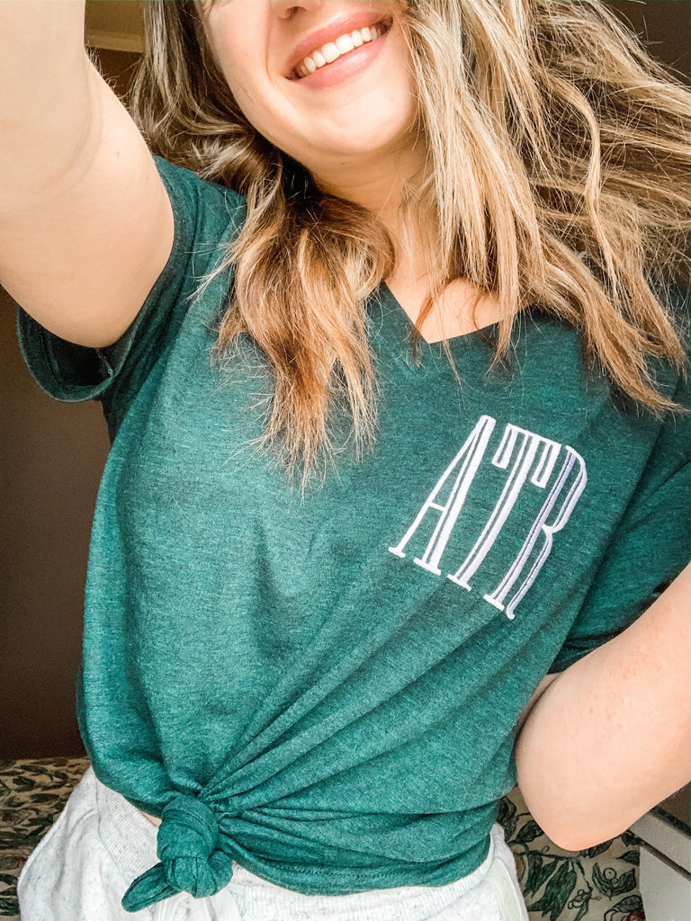 Bella Canvas Teal V neck t shirt with embroidered monogram