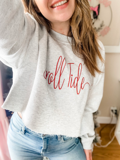 game day roll tide gildan ash cropped embroidered sweatshirt
