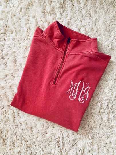 Comfort colors quarter zip sweatshirt pullover crimson with embroidered monogram