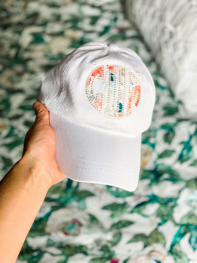 white adams baseball cap trucker hat floral embroidered applique monogram